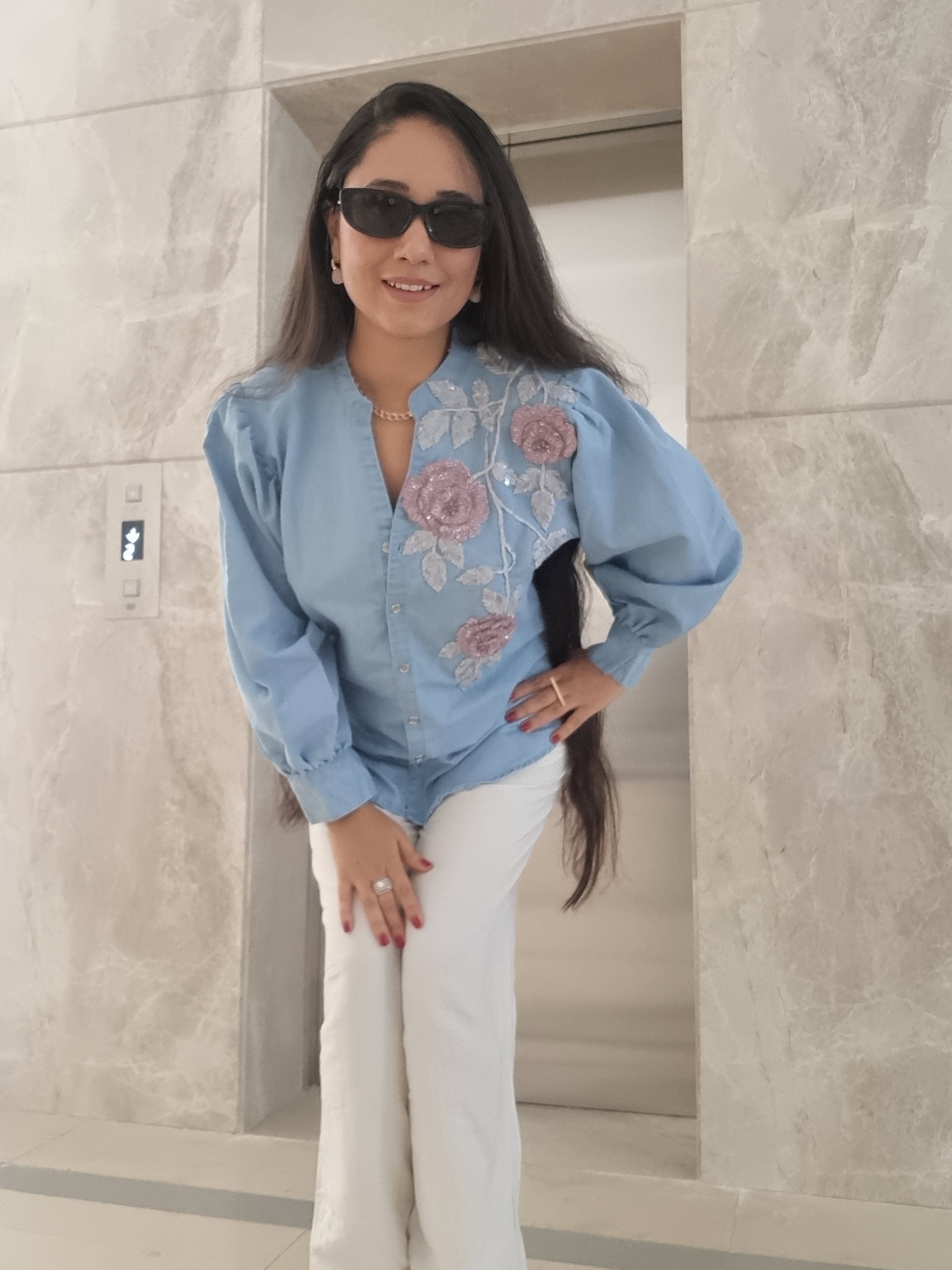 3500/- Denim top 3d handwork flowers